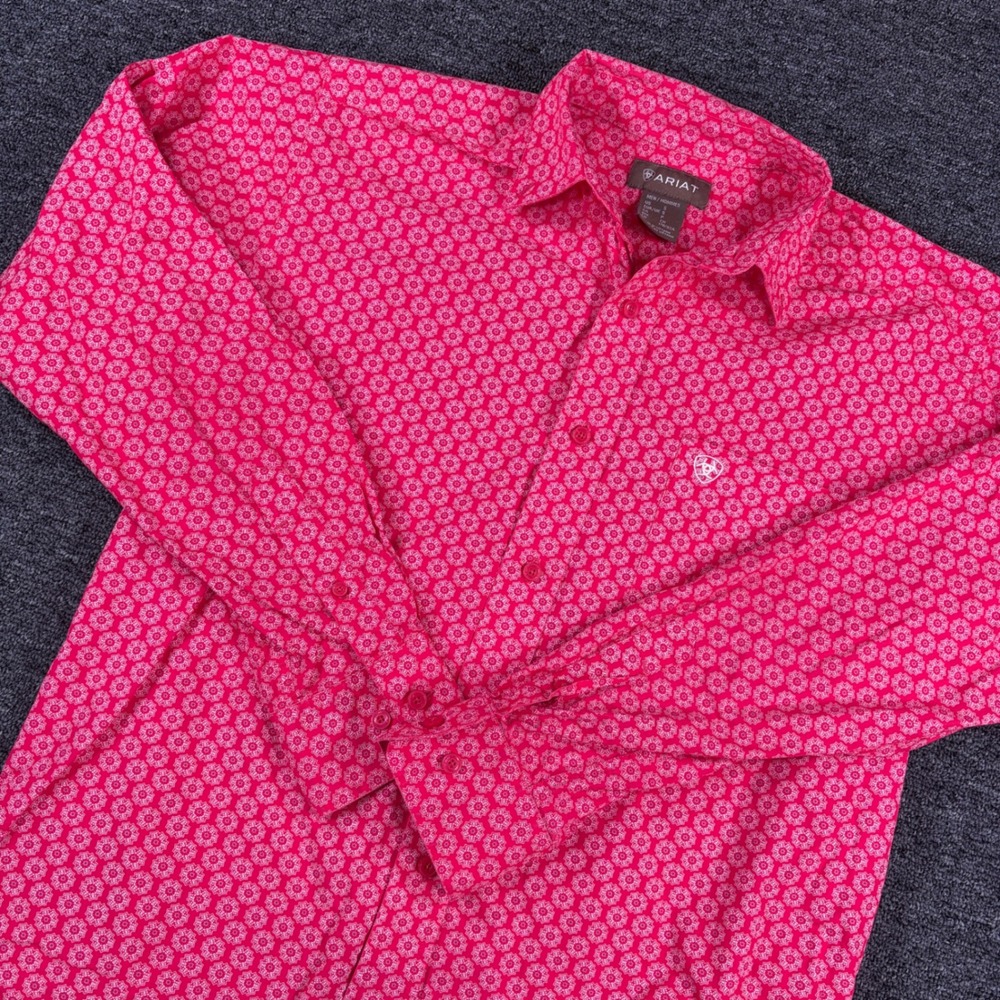 Ariat Button Down Shirt Mens Small Pink Geometric Print Western Long Sleeve